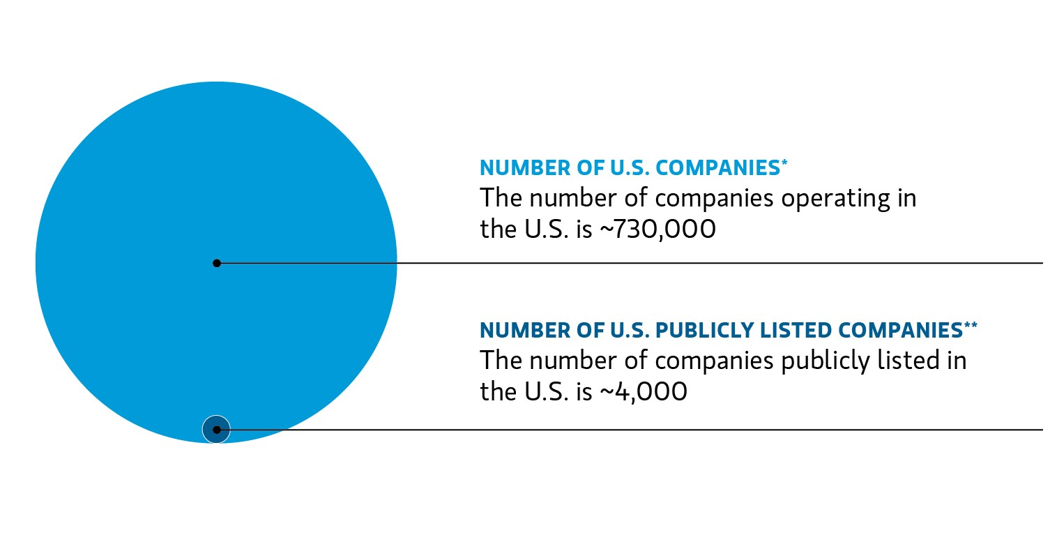 Display showing 4000 US publicly listed companies of the 730000 total companies