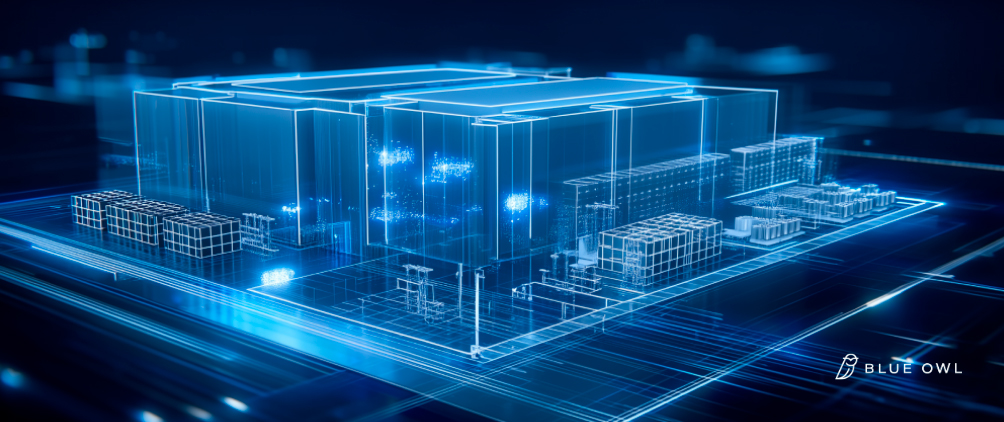 Blue Owl data center illustration showing a digital blueprint-style compute facility