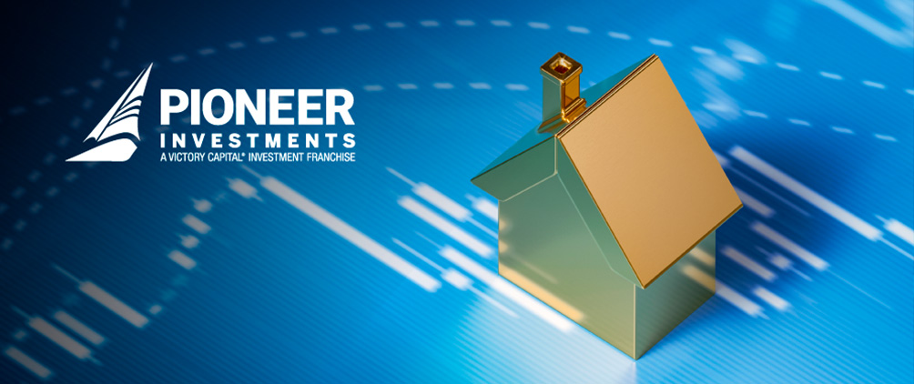 Pioneer Investments graphic with a gold house over a blue financial chart representing the agency mortgage-backed securities market outlook.