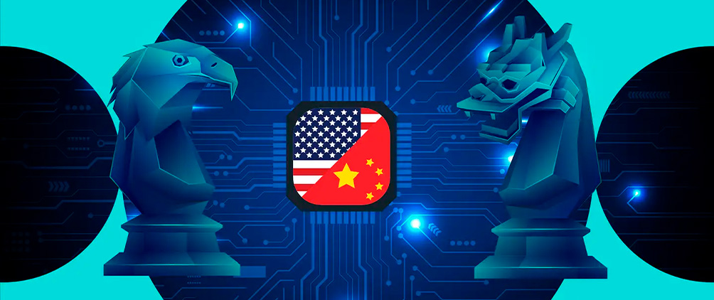 Digital illustration of a U.S. eagle chess piece and Chinese dragon chess piece facing off over a circuit board, representing the U.S.-China artificial intelligence race.