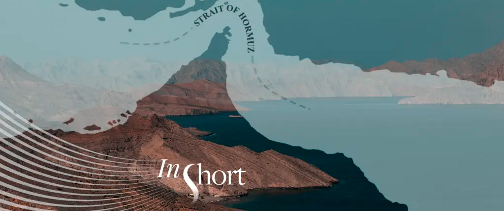 Illustration of the Strait of Hormuz over a coastal landscape