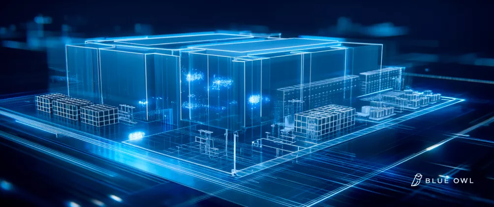 Blue Owl data center illustration showing a digital blueprint-style compute facility