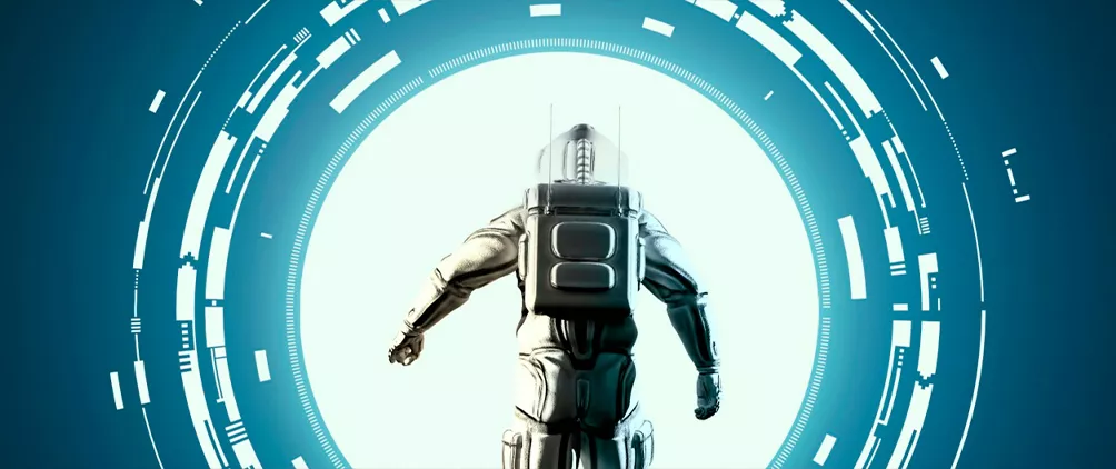 Futuristic figure entering a digital portal, representing venture capital in the age of AI, GPUs, and private market innovation.